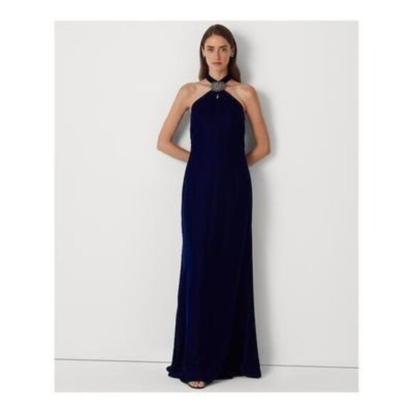 Lauren Ralph Lauren Womens Velvet Halter Gown Lighthouse Navy Size 14 NWT - Picture 2 of 3